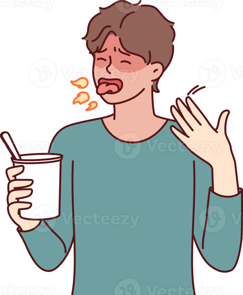 Man tried spicy takeaway from chinese restaurant and is coughing from overabundance of chili peppers png