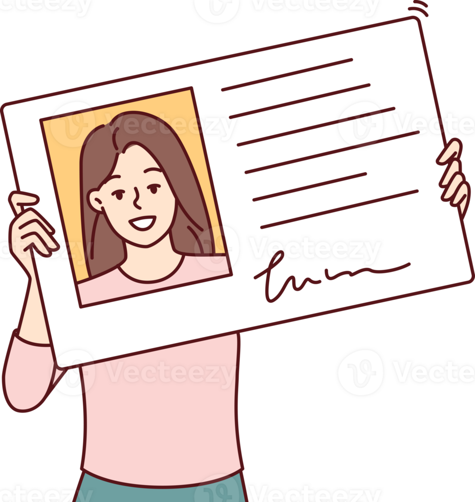 Smiling woman holding driver license or ID card to get access to office or business center png