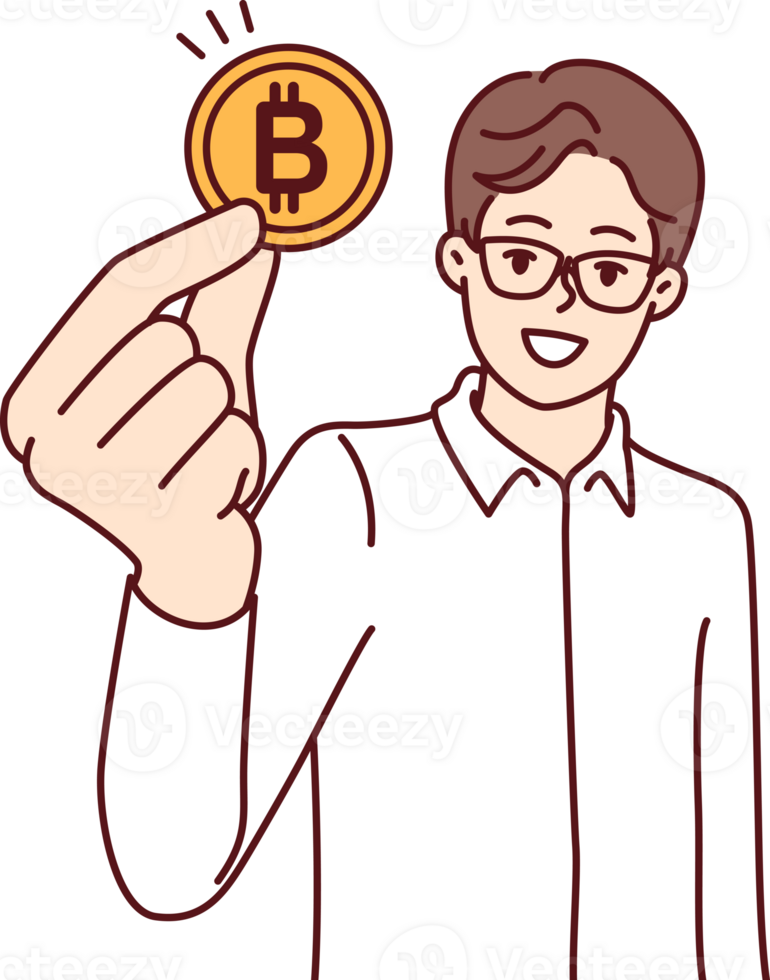 Mens handelaar met bitcoin munt oproepen voor mijnbouw of investeren in cryptogeld en blockchain tech png