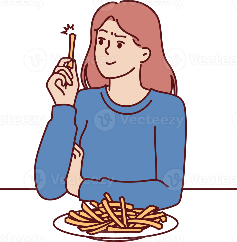 Woman eats french fries without thinking about health risks of fast food and fried snacks png