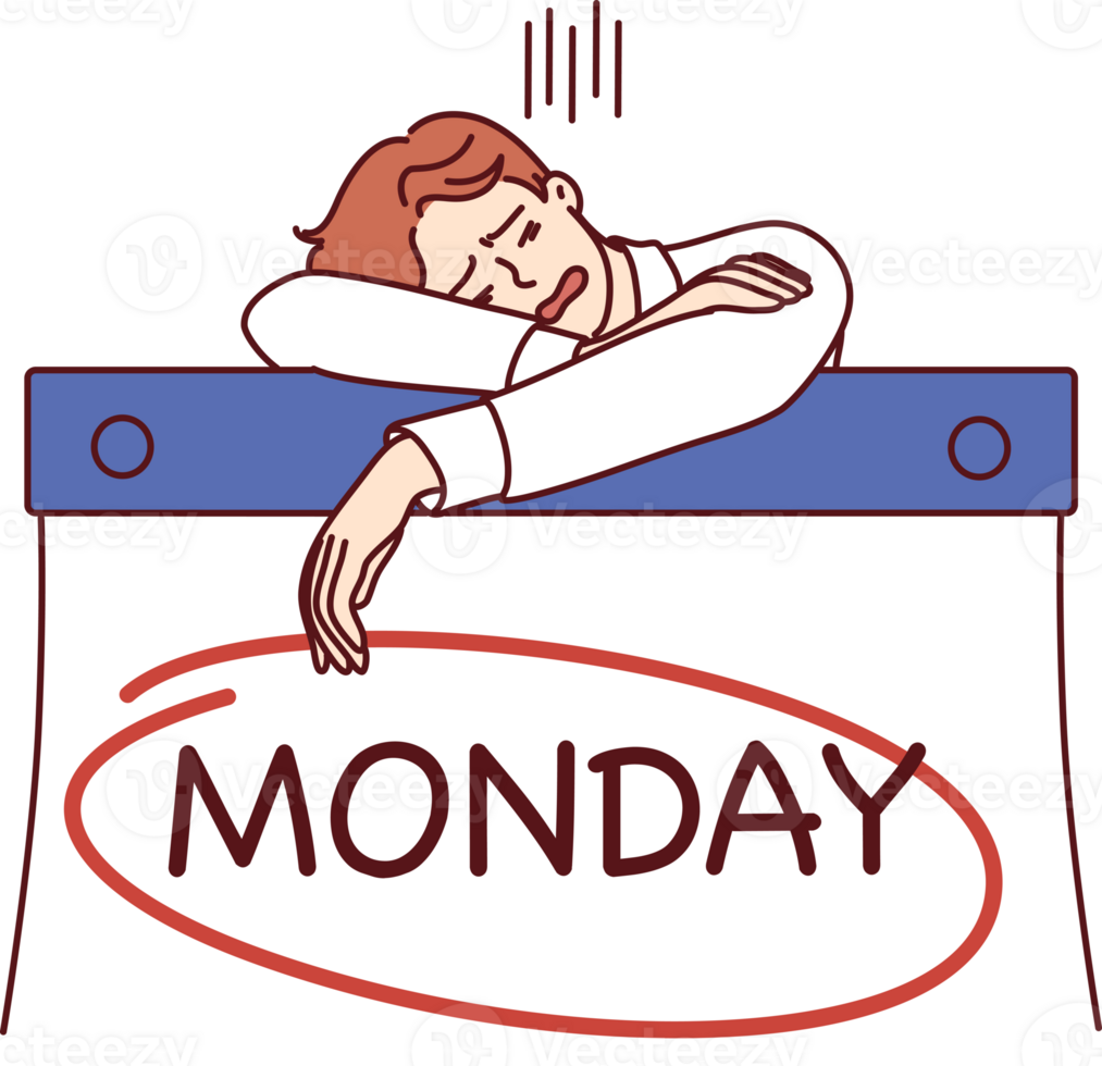 Man workaholic sleeps leaning on giant calendar with inscription Monday feeling burned png