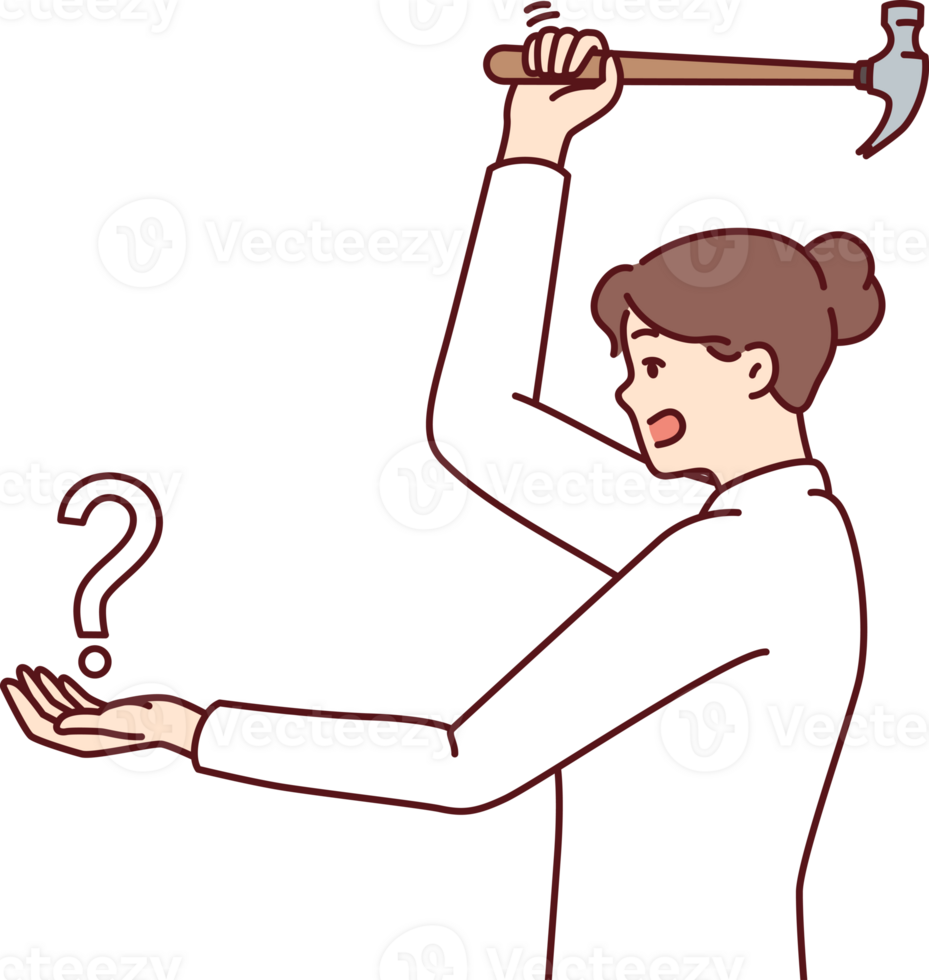 Woman swinging hammer at question mark showing courage in solving problems and fighting ignorance png