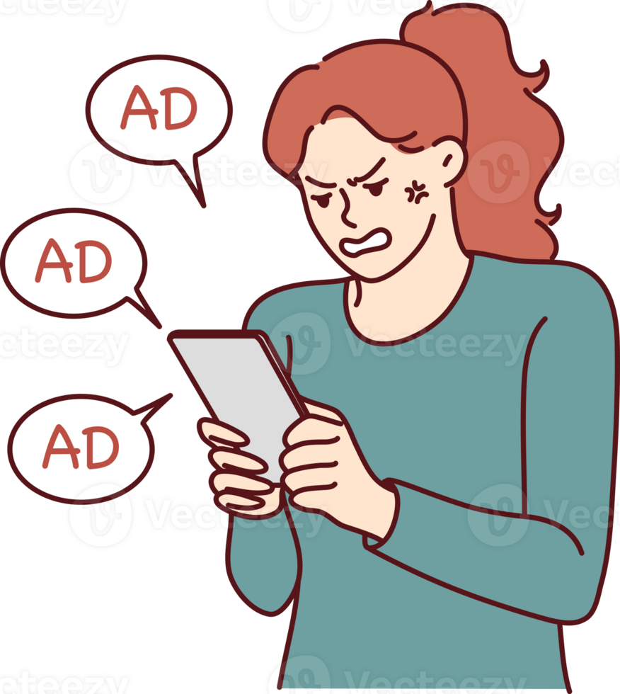Woman is angry receiving another promotional message from store using spam to attract new customers png