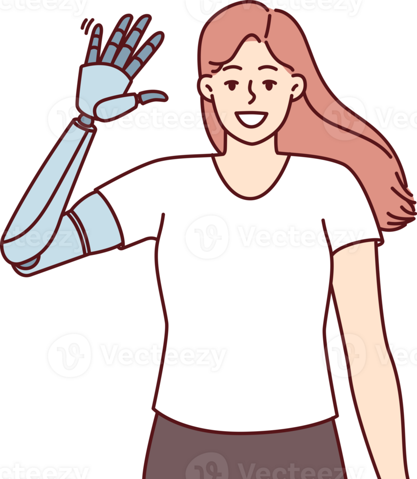 Happy girl waves prosthesis hand to demonstrate new mechanical robotic hand png