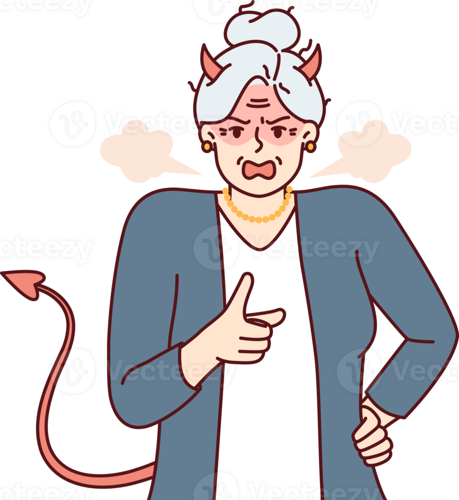 Elderly woman with horns and devil tail screams and points with finger, threatening opponent png