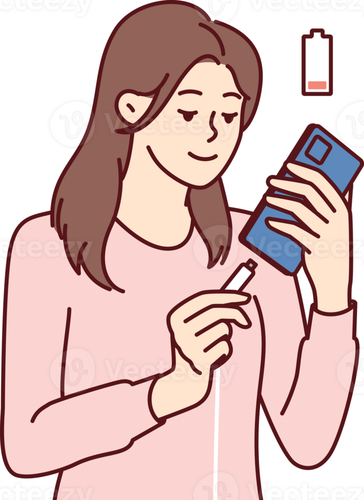 Woman holding smartphone uses cable to charge battery after seeing red indicator of dead accumulator png