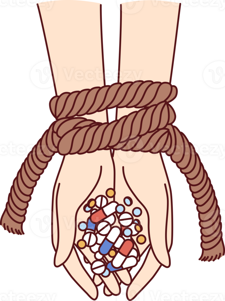 manos de conectado persona con antibióticos y psicotrópico drogas como metáfora para adiccion png