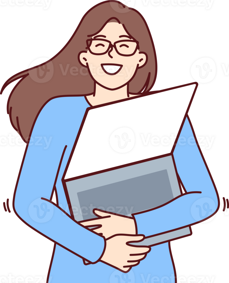 Geek woman with laptop hugs favorite gadget rejoicing at opportunity to learn via internet png
