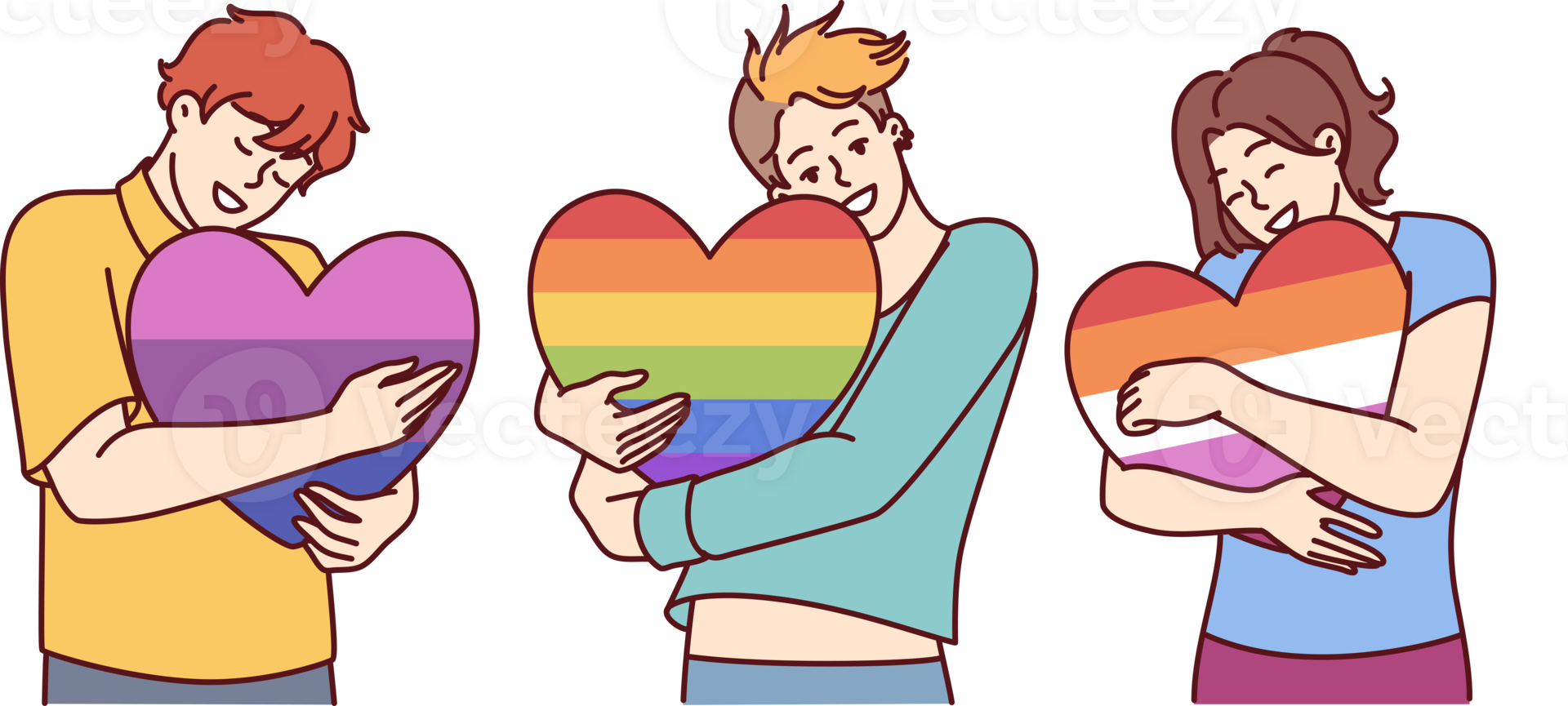 People hugging hearts painted in colors of LGBT and LGBTQ flags making freedom of choice in sex png