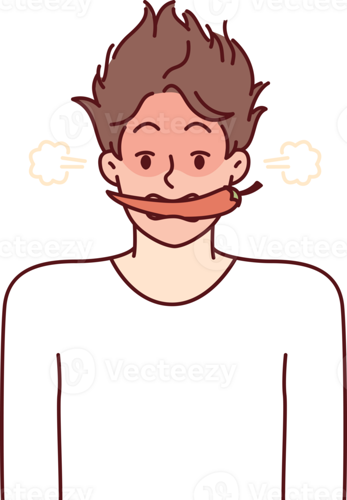 Man with hot chili or in teeth blushes and blows smoke from ears for metaphor of anger png