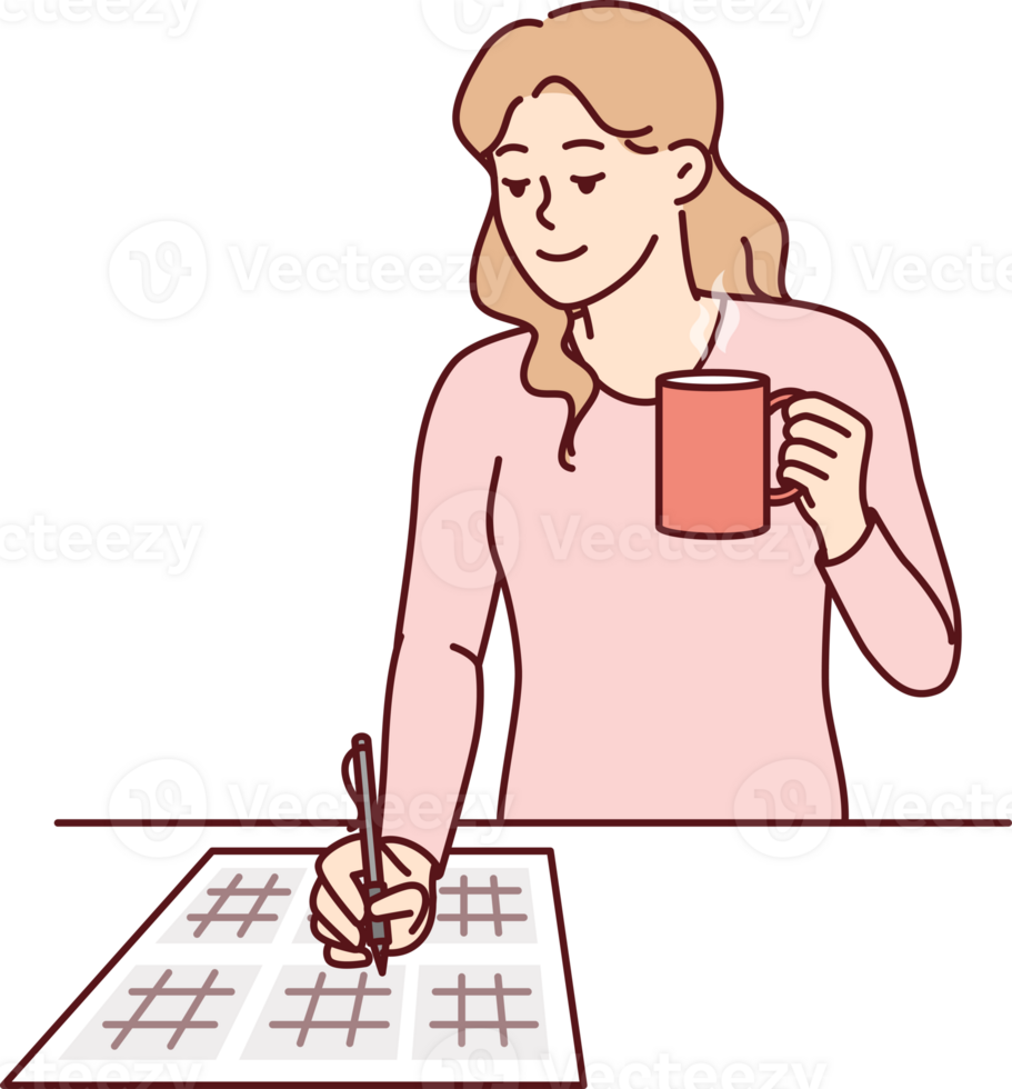 Woman Solves Sudoku Puzzle And Drinks Hot Tea Enjoying Math Brain