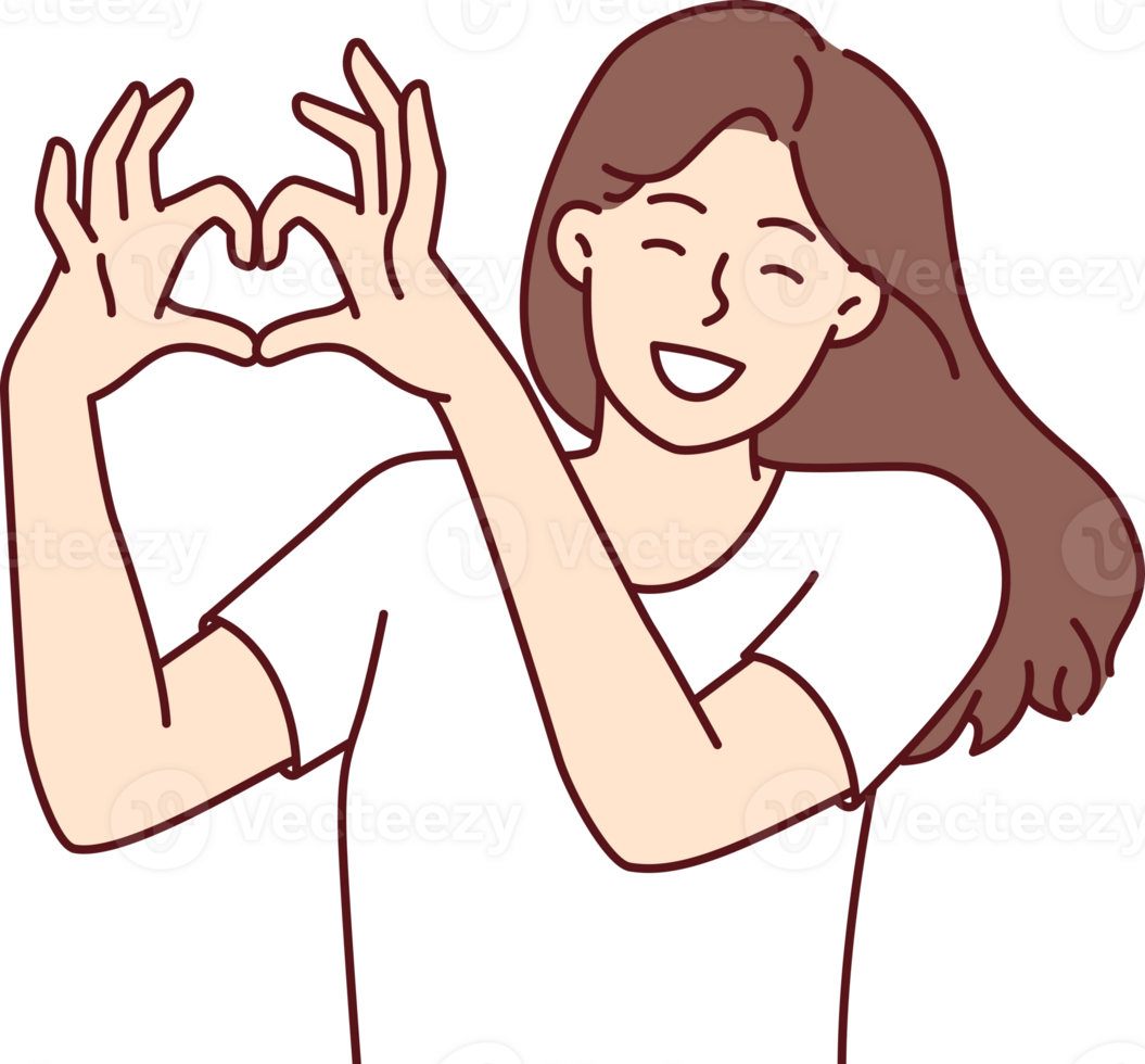 Woman demonstrates gesture of heart made of fingers flirting with boyfriend or beloved husband png