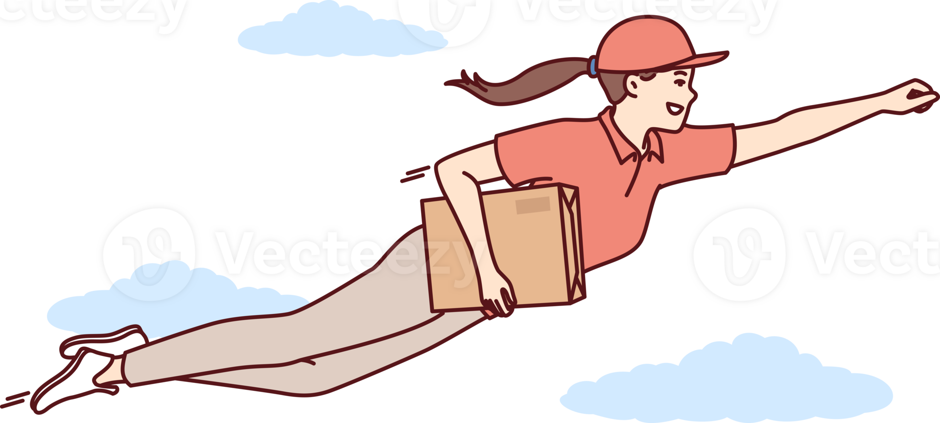 Superhero courier is flying in sky with parcel for customers and is in hurry to deliver mail order png