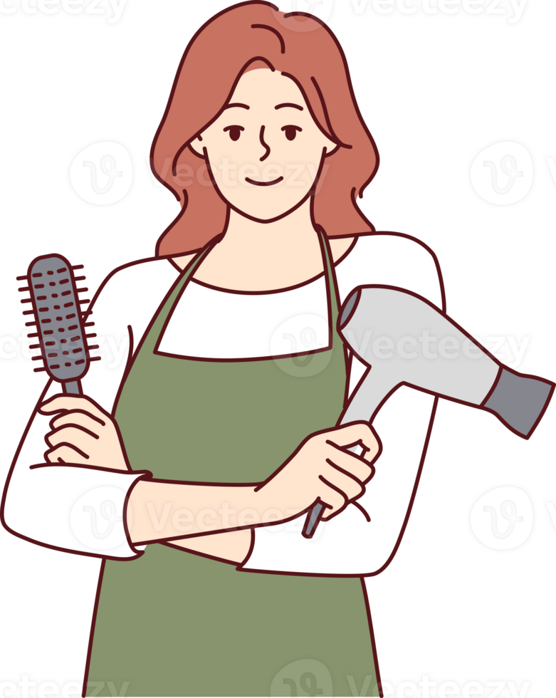 Woman hairdresser from holding comb and hair dryer to care