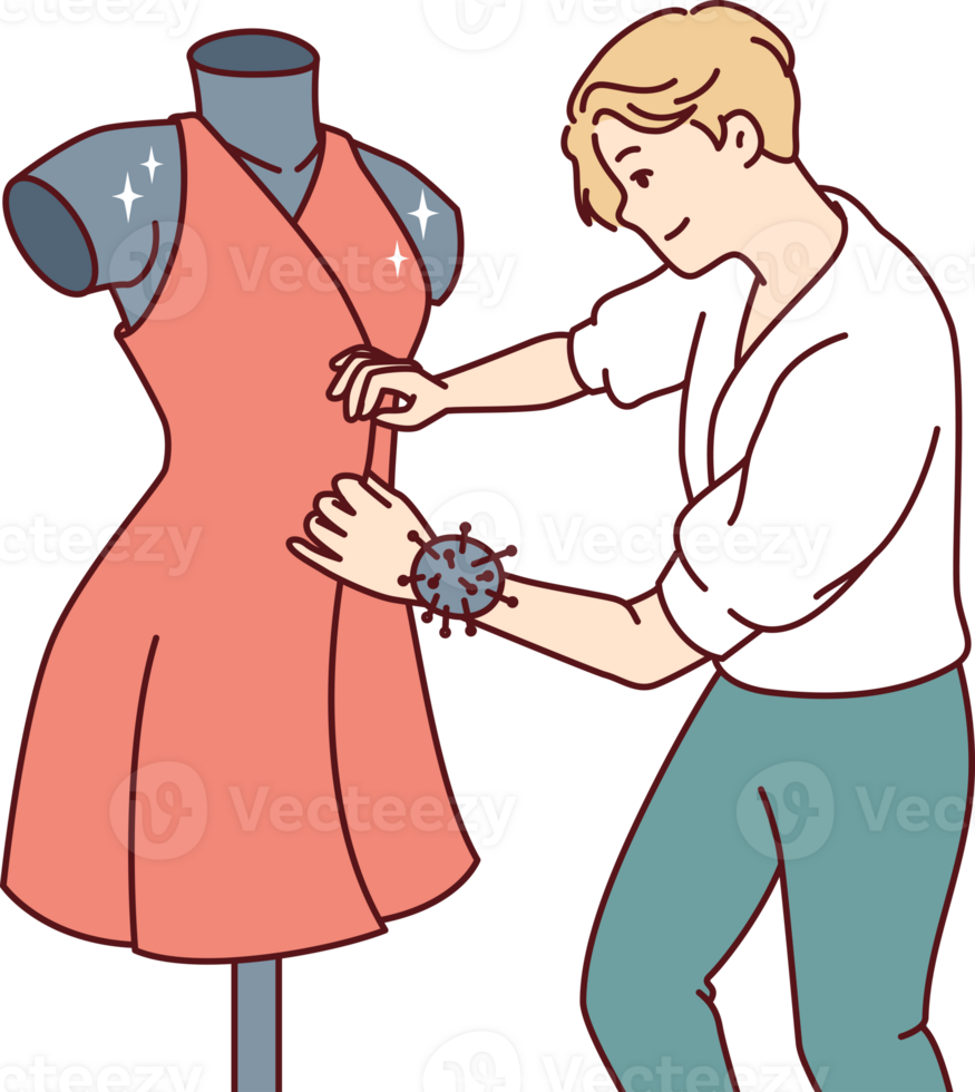 Man fashion designer sews dress fixed on mannequin preparing women outfit for haute couture week png