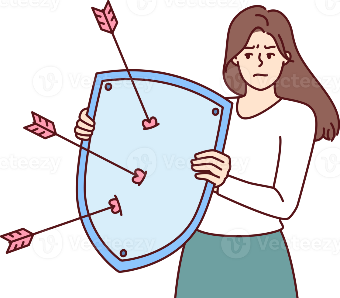 Disgruntled woman with shield defends herself from harassment and annoying advances from boyfriend png