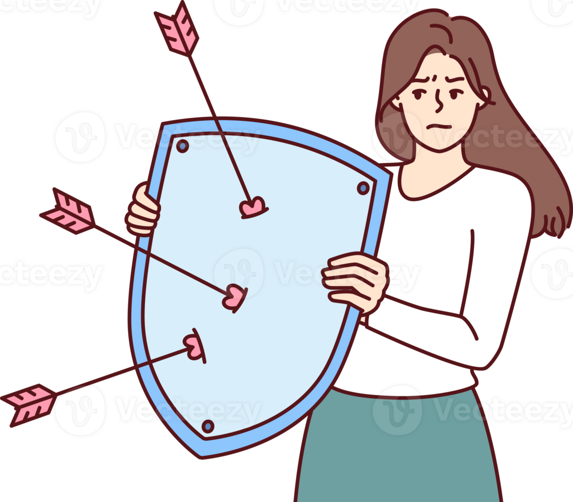 missnöjd kvinna med skydda försvarar själv från trakasserier och irriterande framsteg från pojkvän png