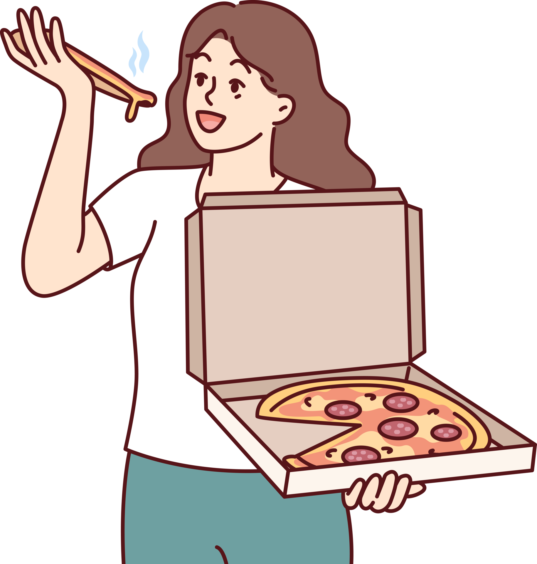woman-eats-pizza-and-holds-box-of-appetizers-from-italian-restaurant