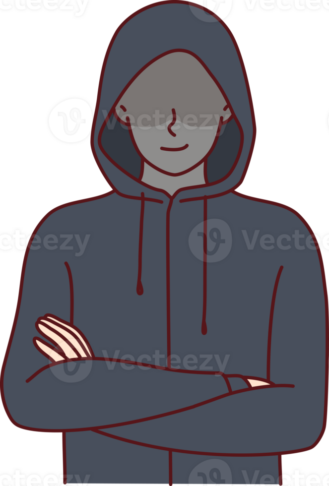 Anonymous man stands with arms crossed and hiding eyes behind hood for concept secret surveillance png