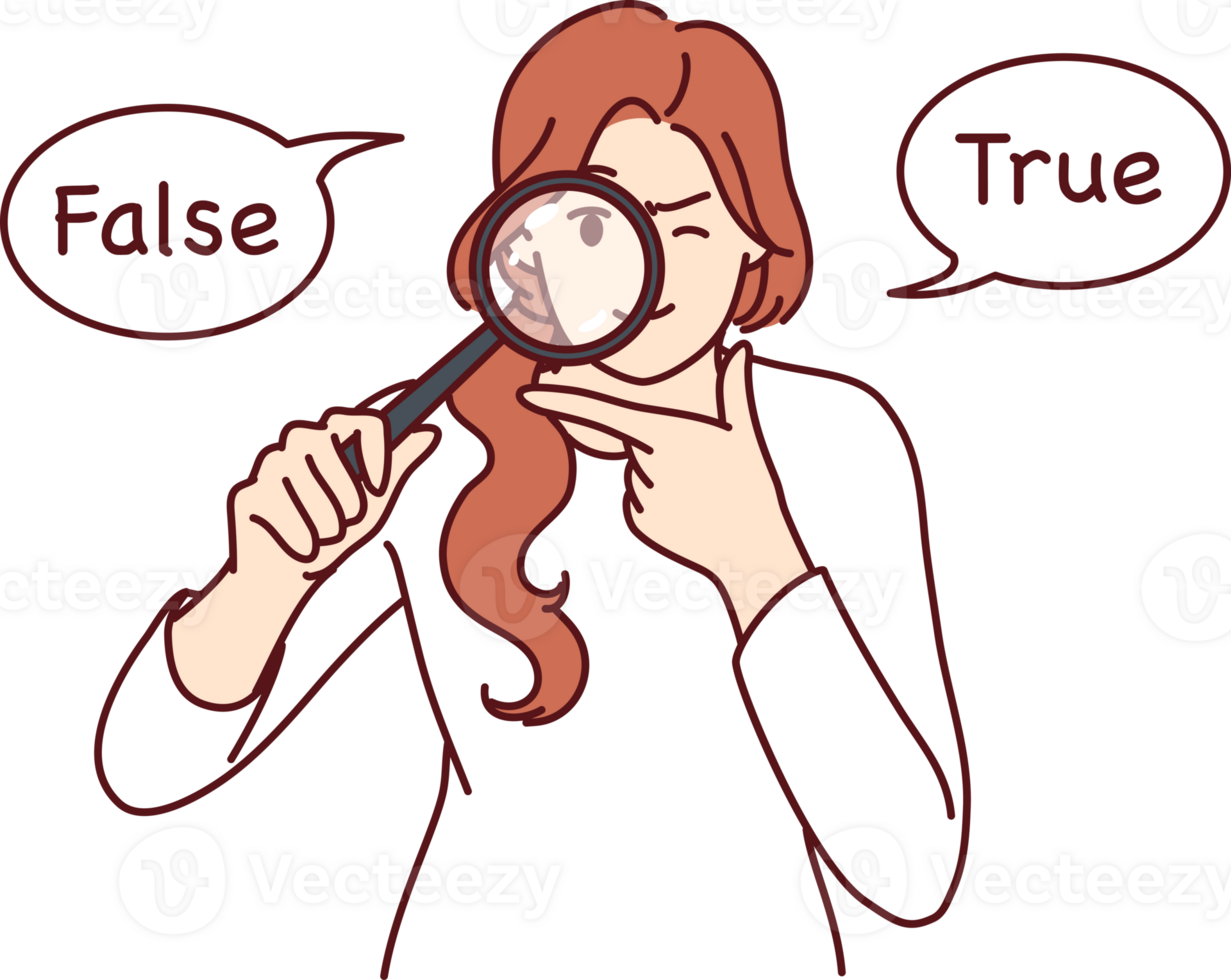 Girl with magnifying glass is trying to make choice that stands between inscriptions false and true png