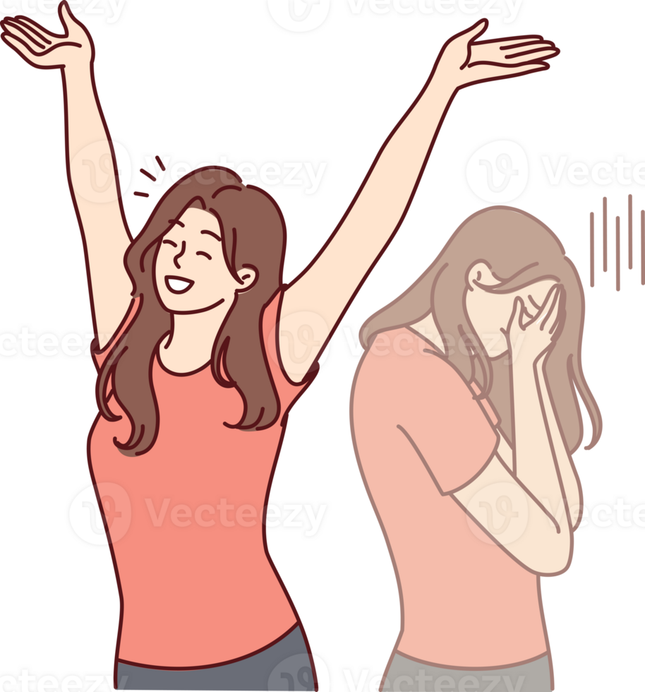 Woman raises hands up and rejoices having got rid of bad emotions and depression spoiling mood png