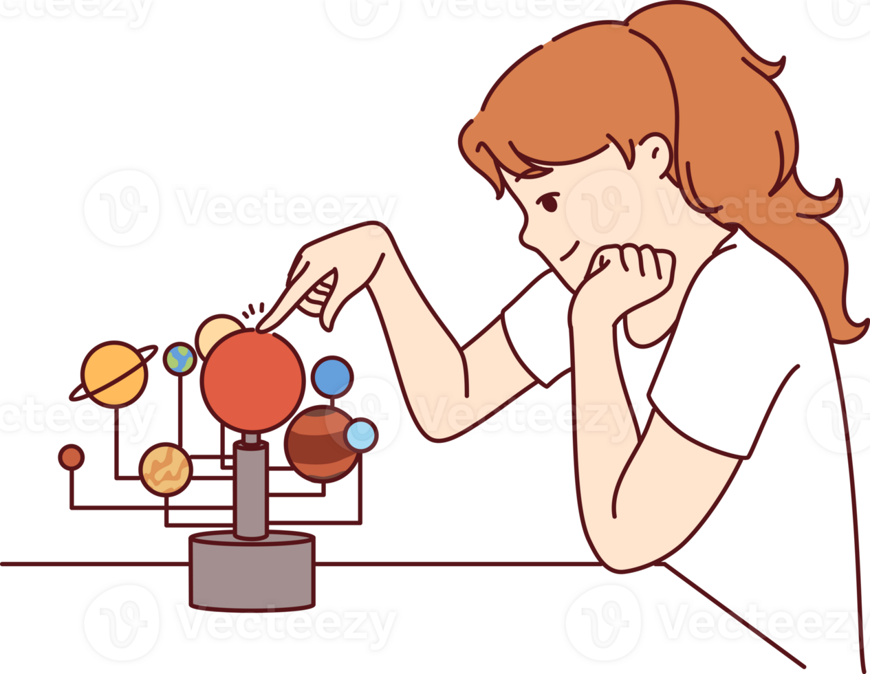 Little girl is studying solar system and location of planets in space, wanting to become astronomer png