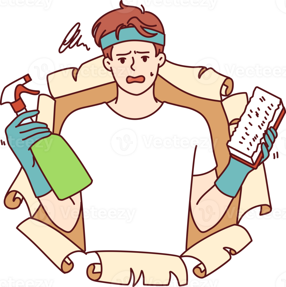 Disgruntled man with cleaning brush and bottle filled with chemical detergent that removes stains png