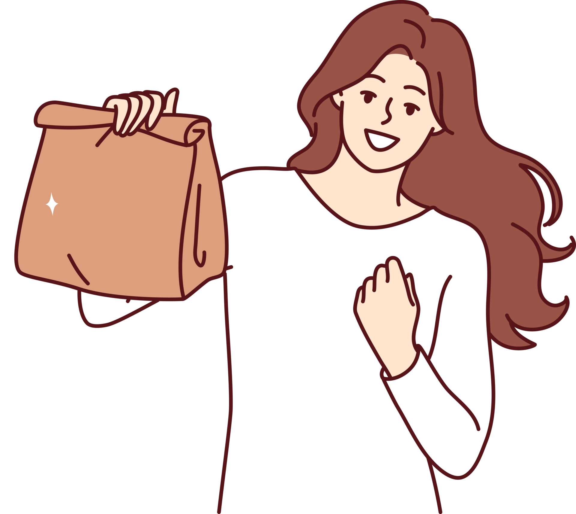 Woman with paper bag making victory gesture demonstrating food ordered