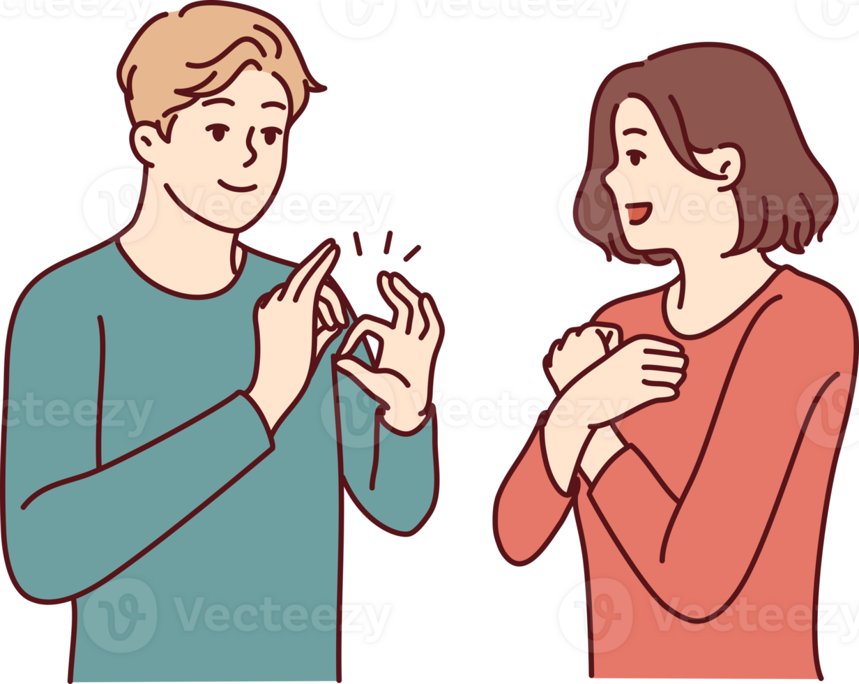 Deafmute man and woman are talking using sign language and