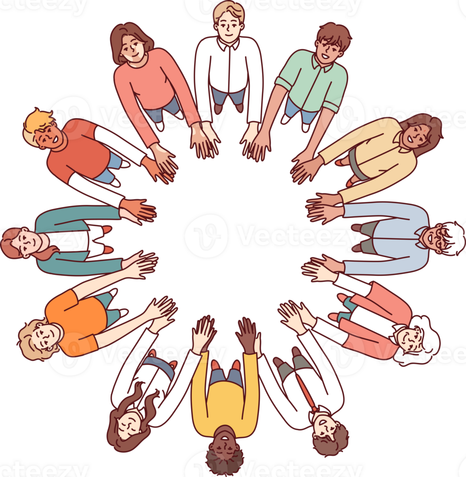 Friendly people stand in circle hold hands for collaboration and teamwork, top view png