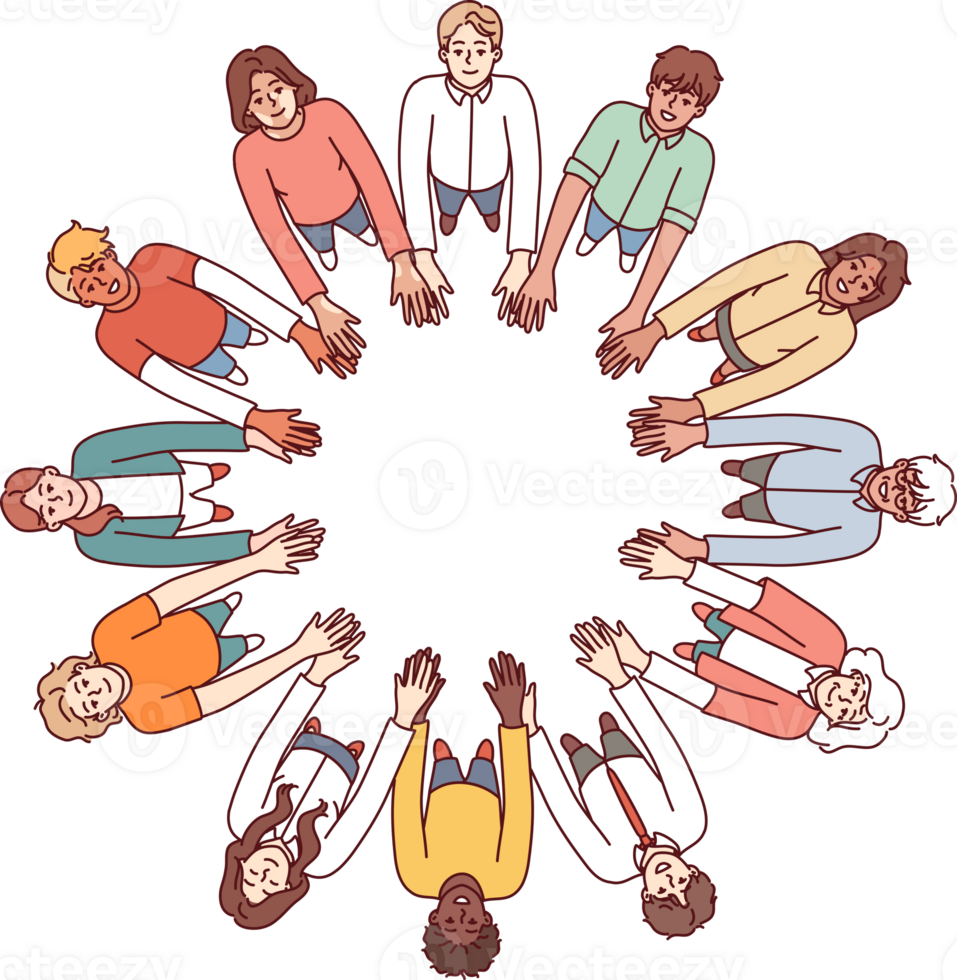 Friendly people stand in circle hold hands for collaboration and teamwork, top view png