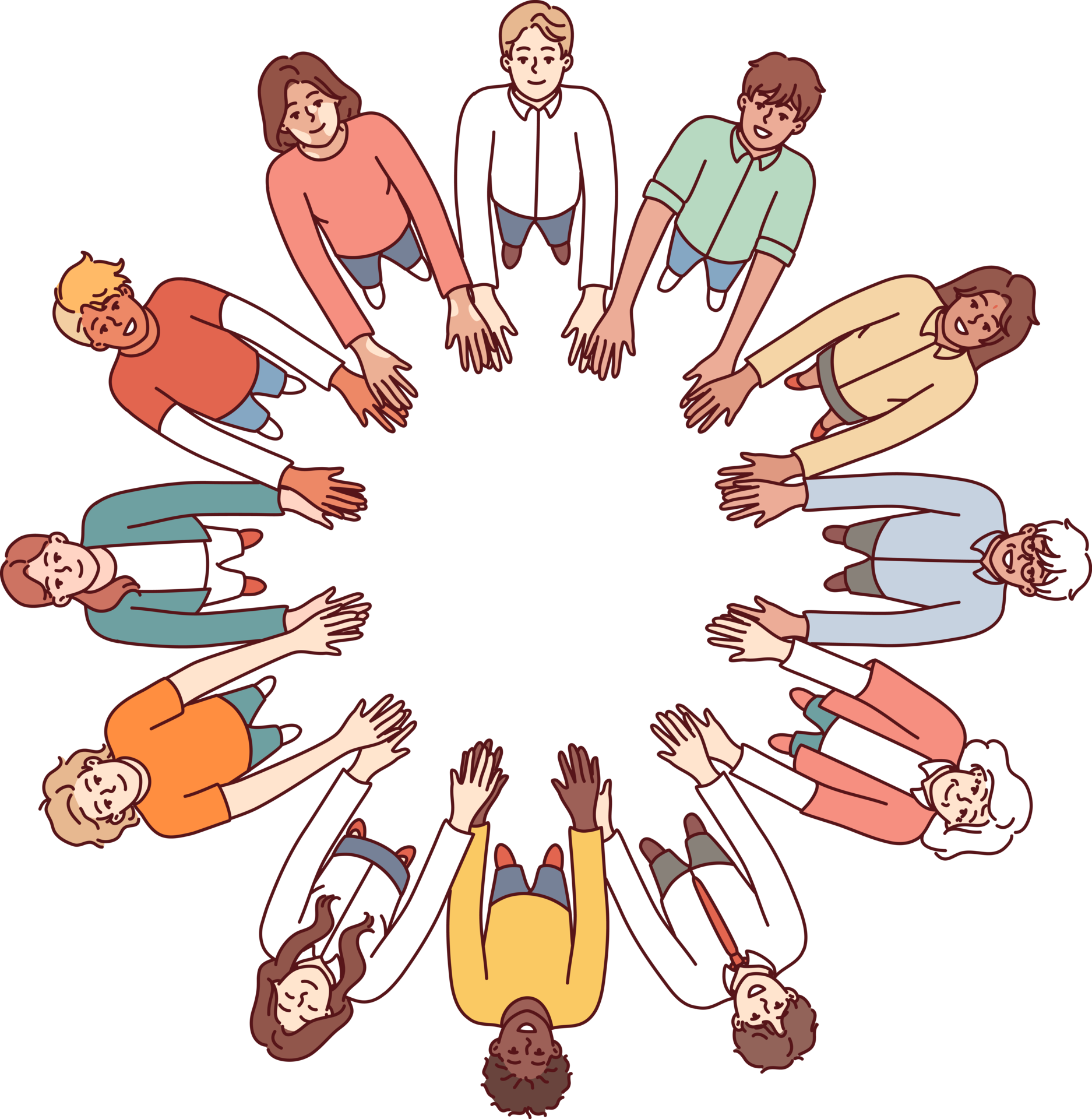 Friendly people stand in circle hold hands for collaboration and