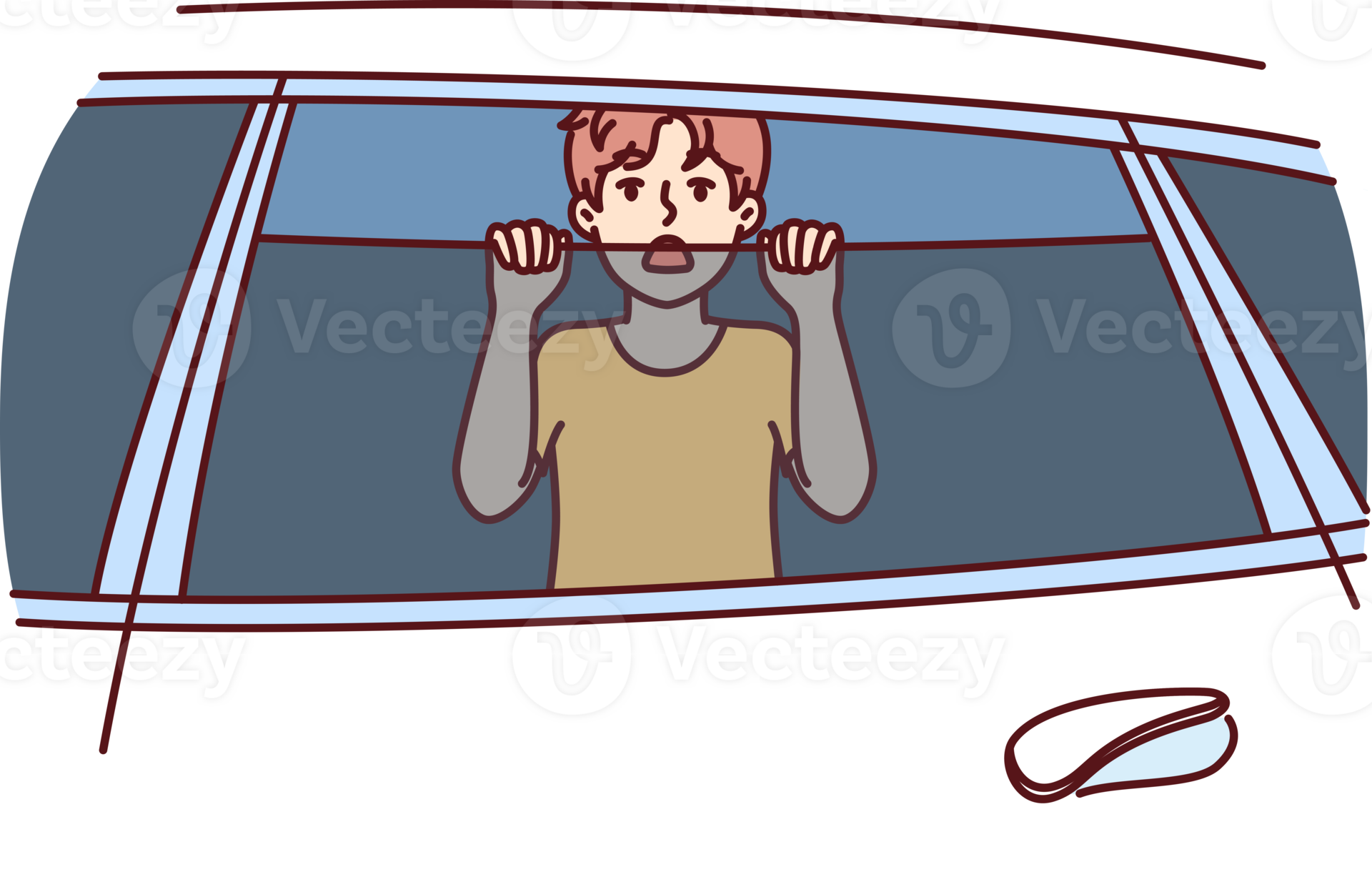 Boy locked in car is trying to get out and beg for help being in danger