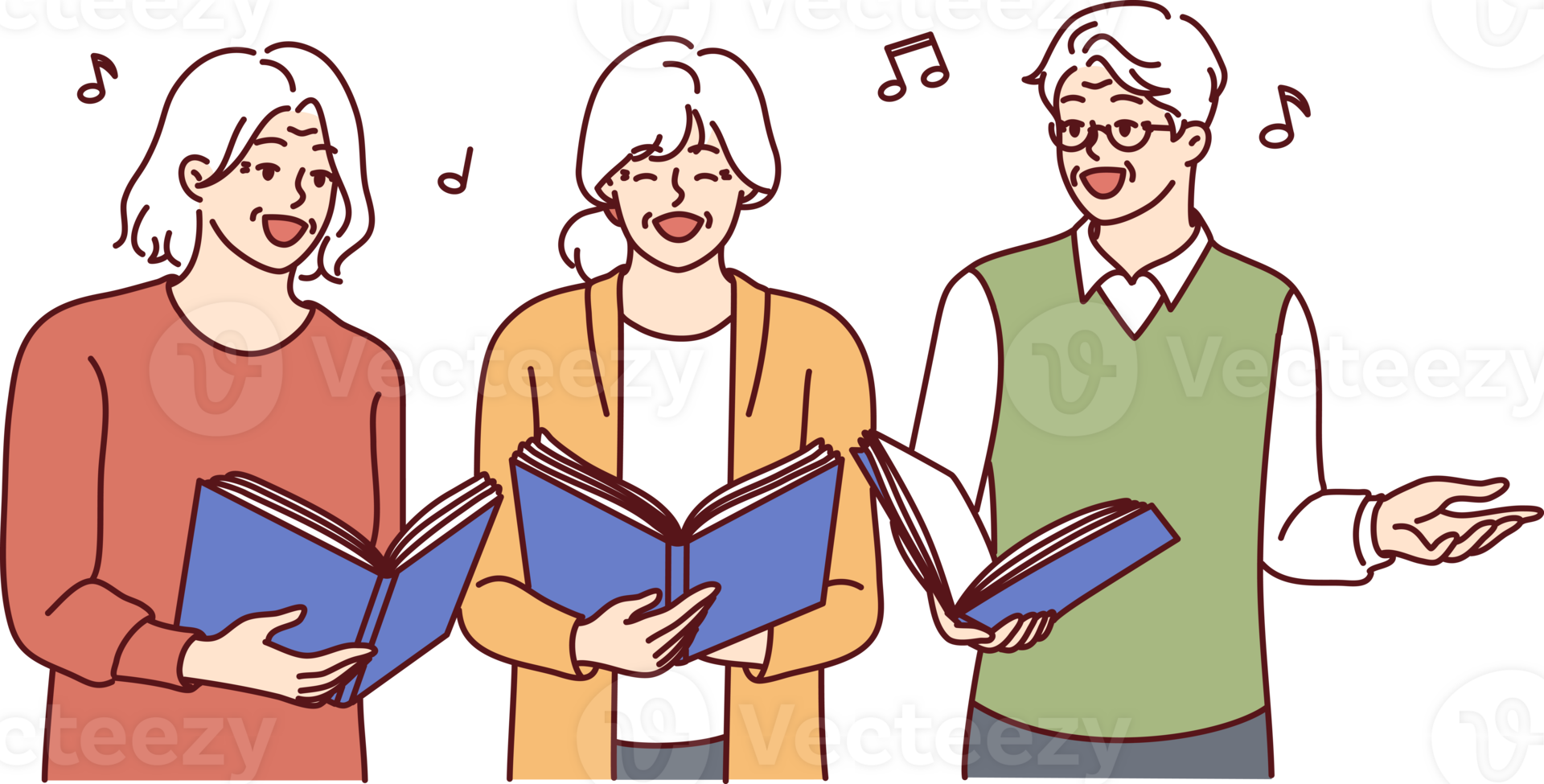Chorus elderly men and women with workbooks in hands singing song together and enjoying old age png
