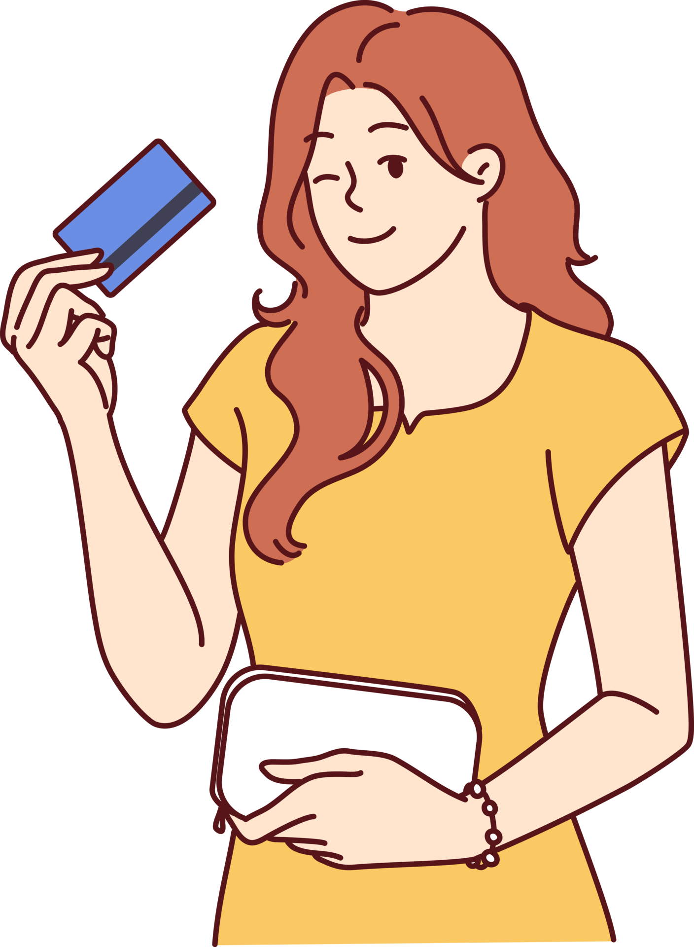 Woman with bank card winking recommend using reliable banking or credit 