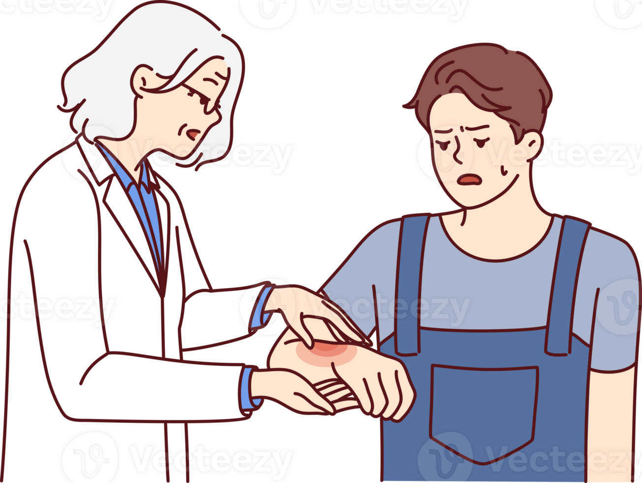 Man with hand injury goes to doctor for help for treatment or for advice on rehabilitation. png
