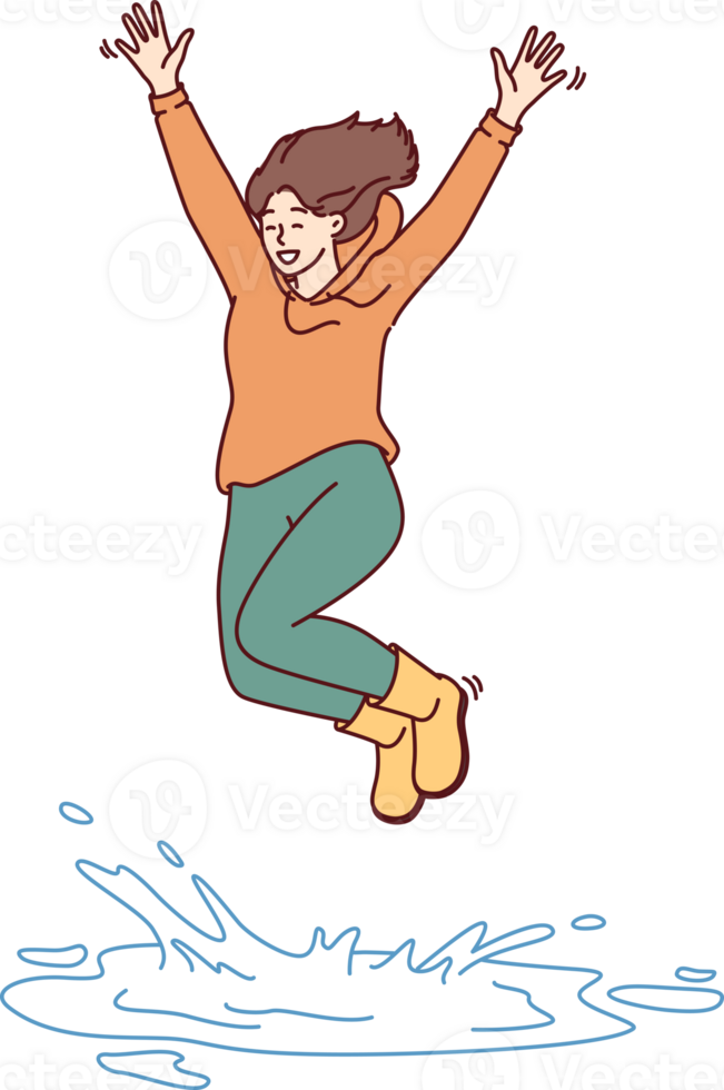Happy woman in casual clothes jumping in puddle enjoying first autumn rain after hot summer png
