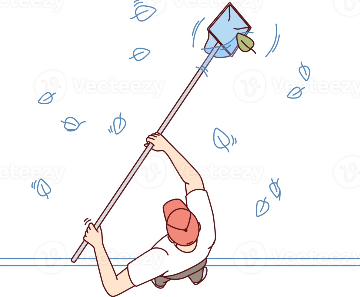 Man cleans pool or pond from leaves fallen from trees to prevent rotting and water contamination png