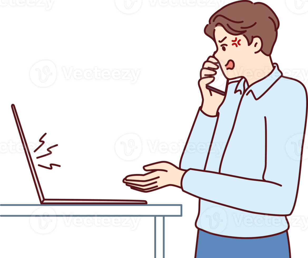 Dissatisfied manager makes phone call standing near laptop and quarreling due to errors in report png