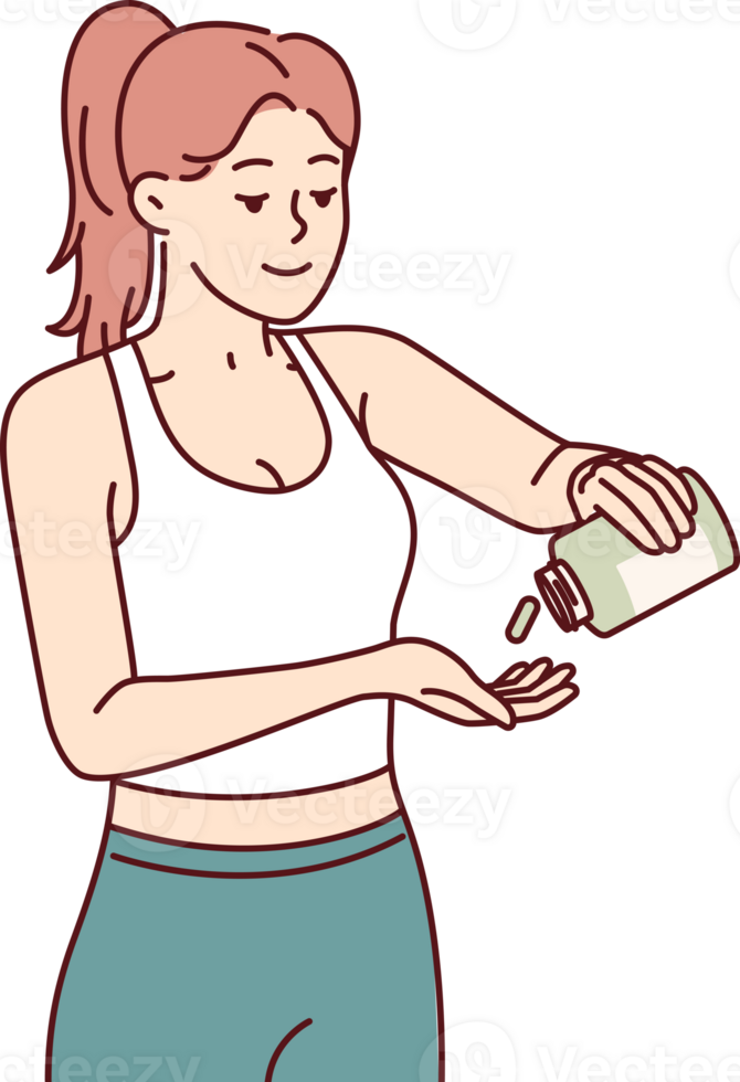 Woman fitness trainer uses sports supplements to improve health and achieve new career results png