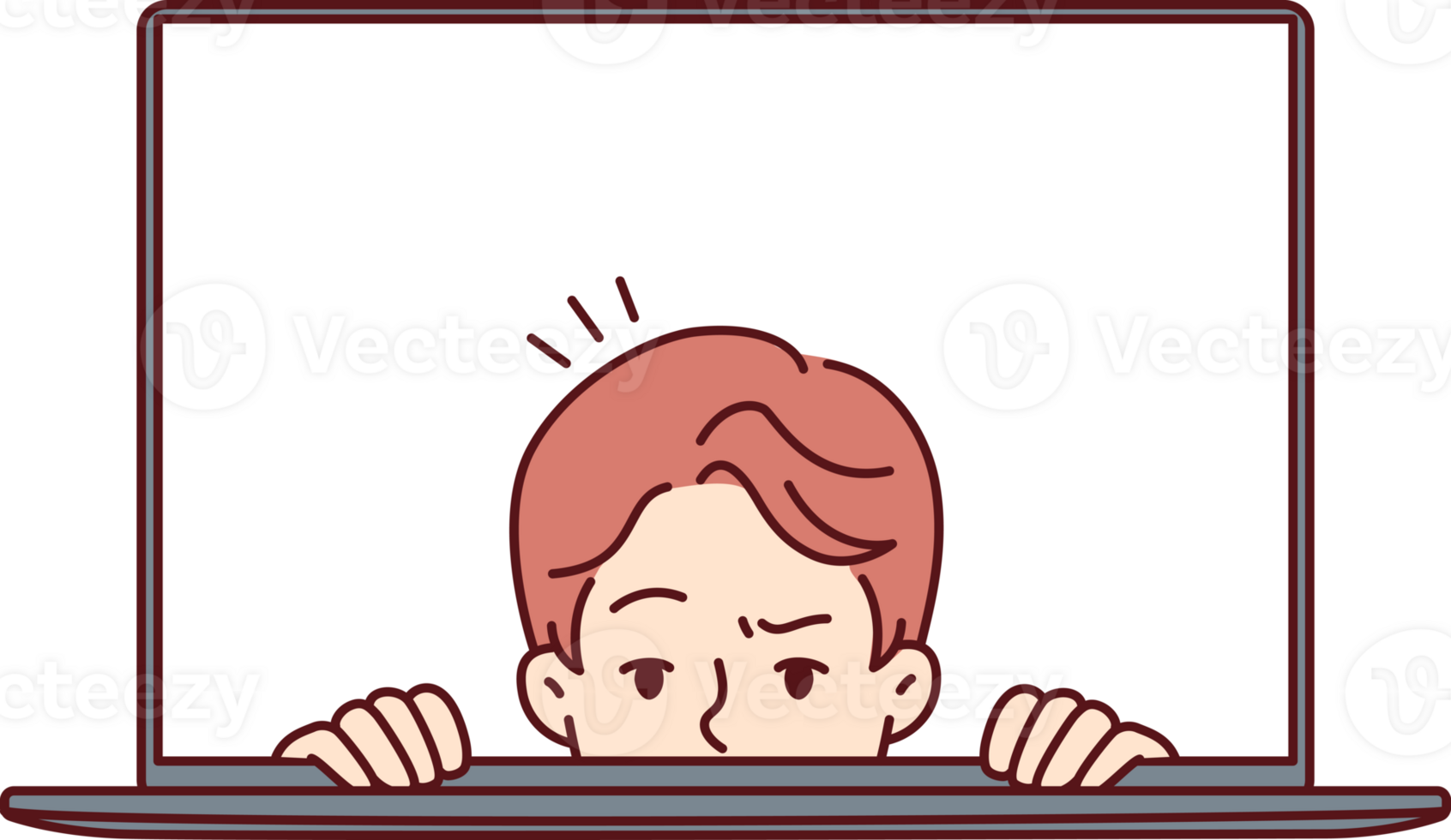 Man with frightened face looks out of laptop screen for concept of non-professional work on Internet png