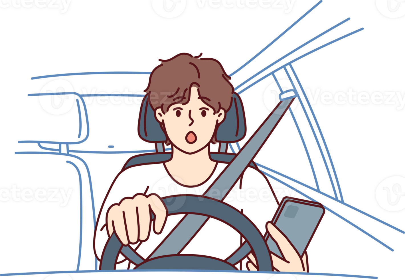 Man driver with phone sits behind wheel of car and gets scared sees obstacle on road or sharp turn png