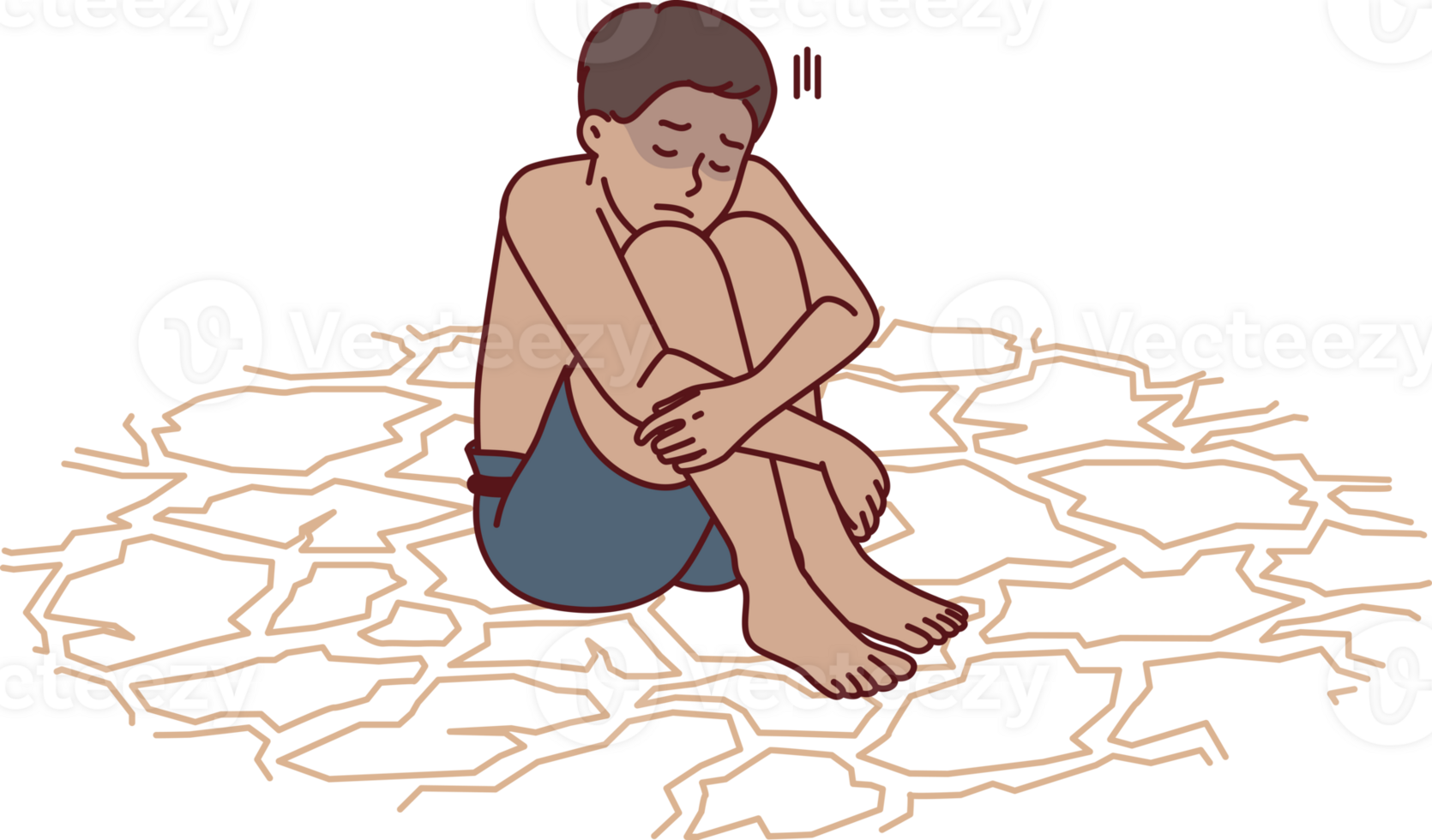 Sad boy feeling thirsty sits on dry ground after climate change and pollution of eco environment png