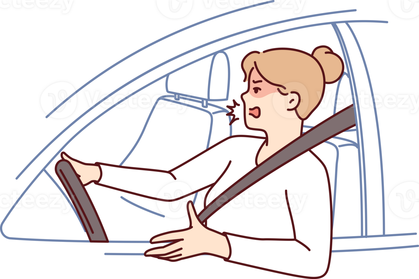 Woman driver got into traffic jam on road and swears feeling furious due to being late for work png