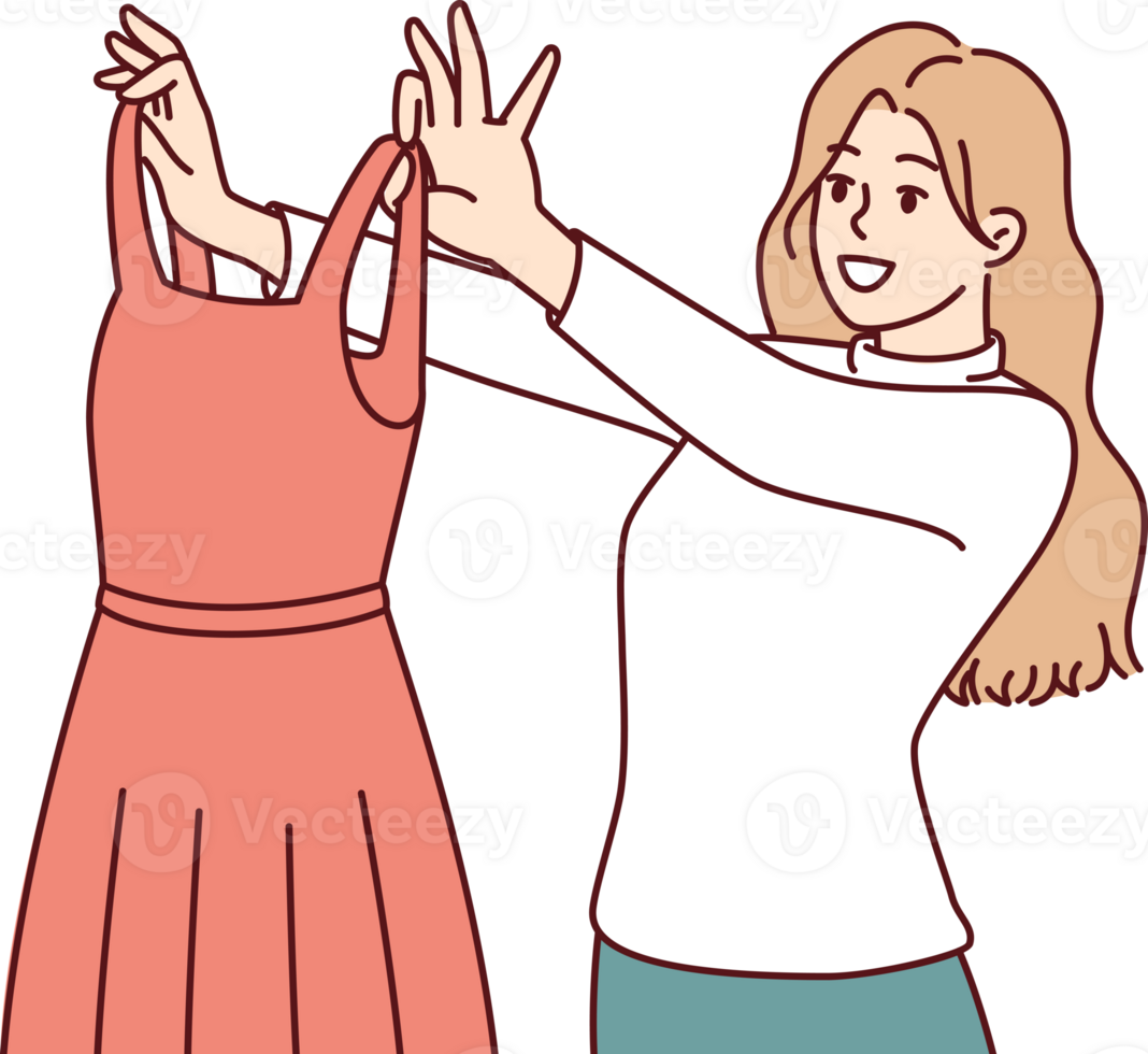 Woman examines beautiful evening dress choosing outfit for going to ball or festive party png