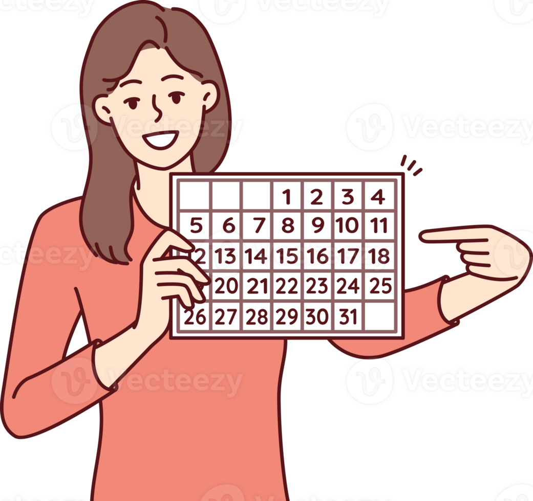 Woman with calendar points finger at dates suggesting to do planning and time management png