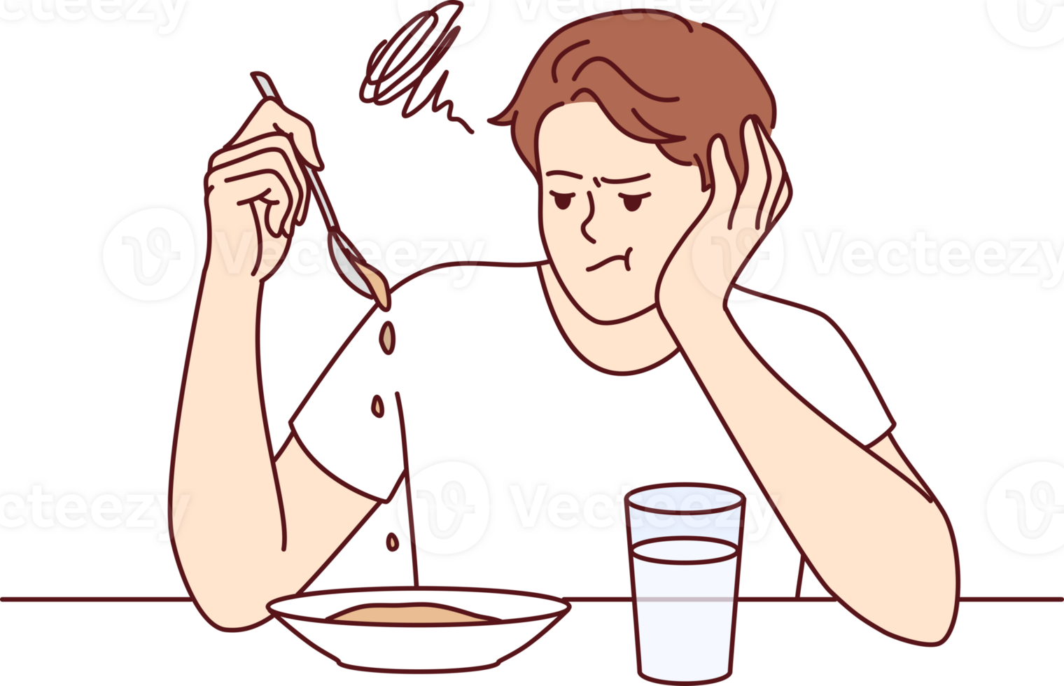 Man suffers from lack of appetite sitting at table in kitchen and does not want to eat breakfast png