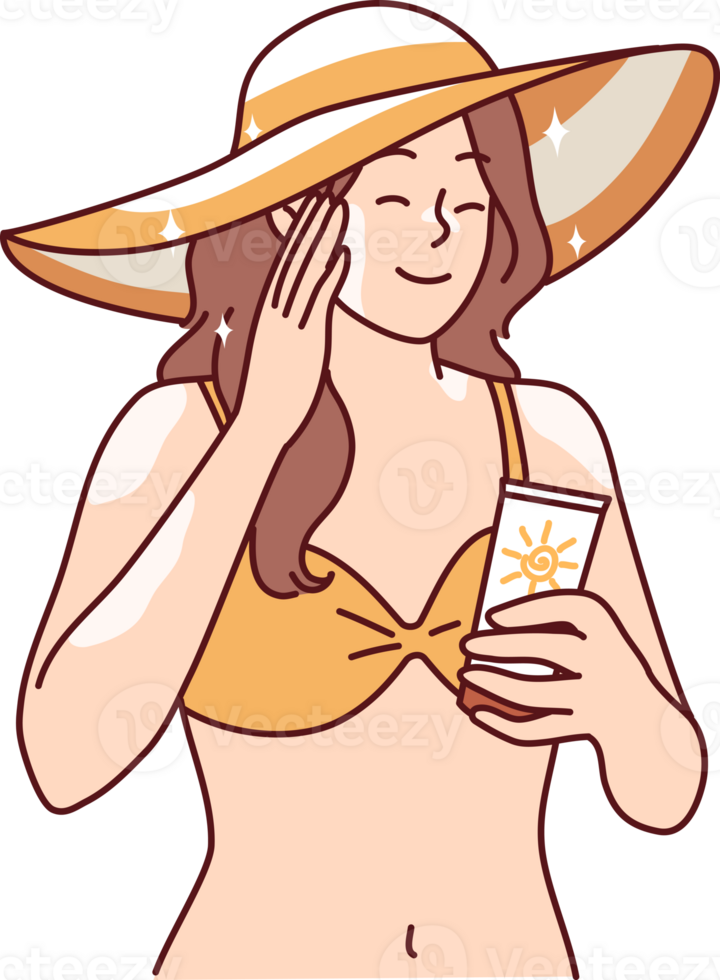 vrouw wie wil naar zonnebaden is van toepassing sunblock room naar huid naar beschermen haarzelf van zonnesteek png