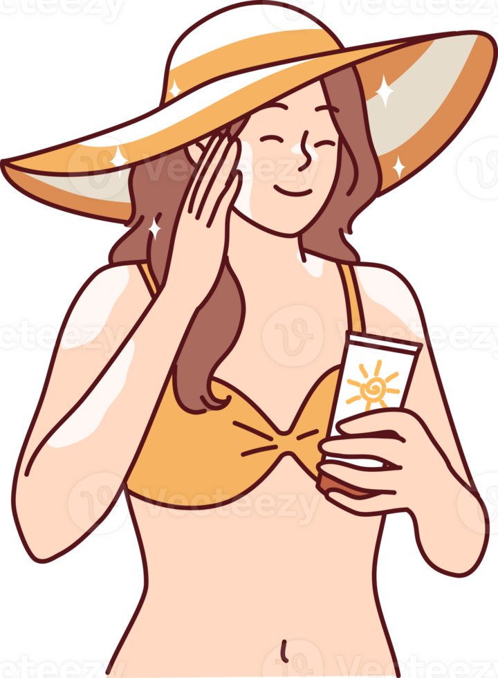 Woman who wants to sunbathe applies sunblock cream to skin to protect herself from sunstroke png