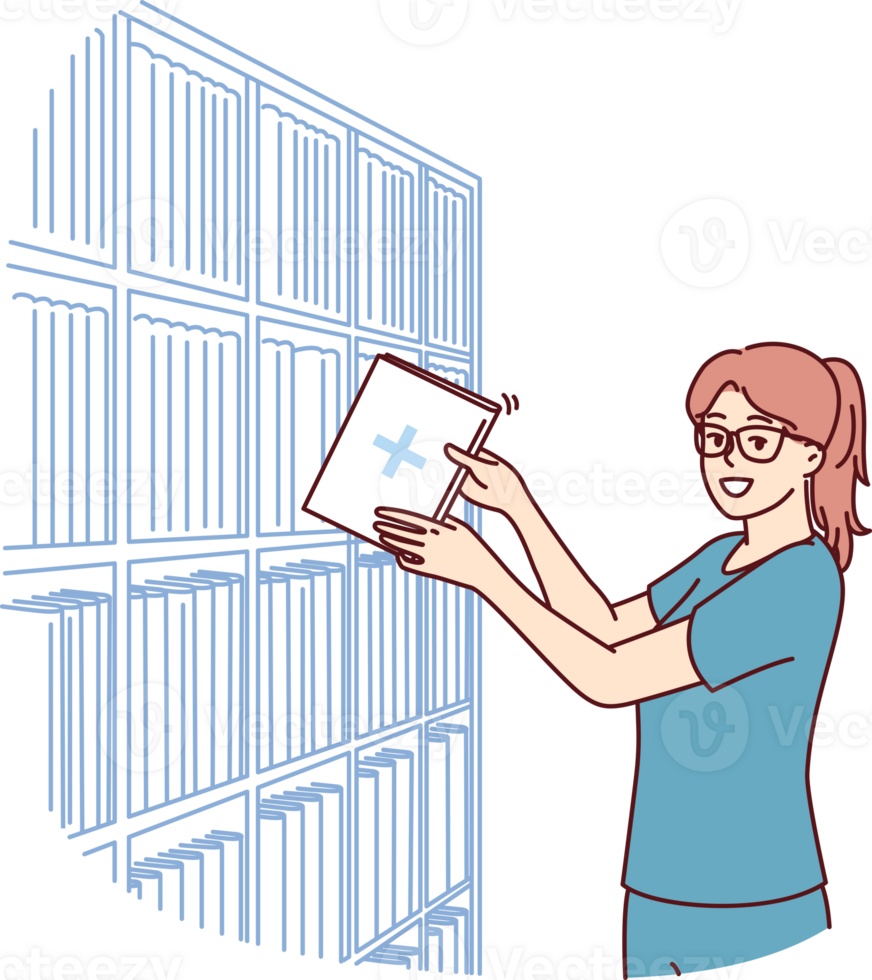 Woman clinic administrator with patient card stands near rack with archive of patients png